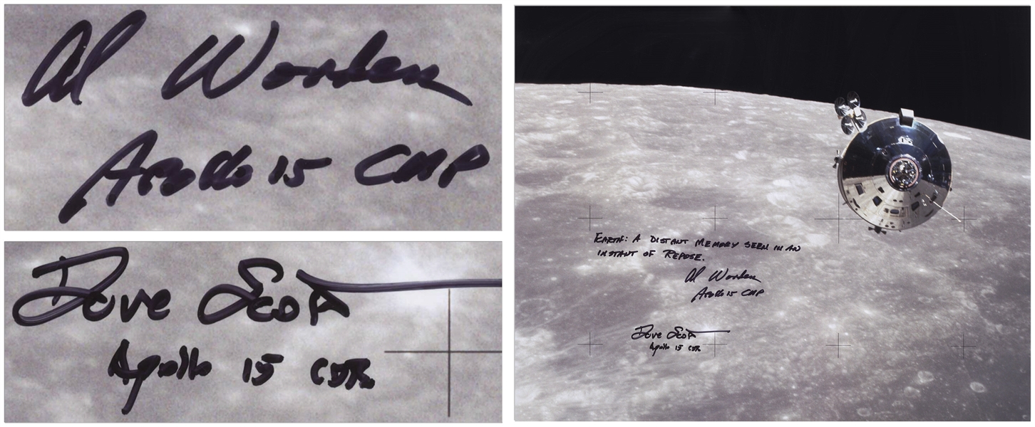 Al Worden & Dave Scott Signed 20'' x 16'' Photo of the Apollo 15 Command Module Against the Moon -- Worden Additionally Writes ''Earth: A distant memory seen in an instant of repose''